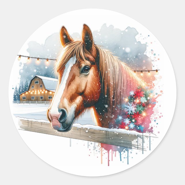 Schönes Brown Horse auf Bauernhof Weihnachten Runder Aufkleber (Vorderseite)