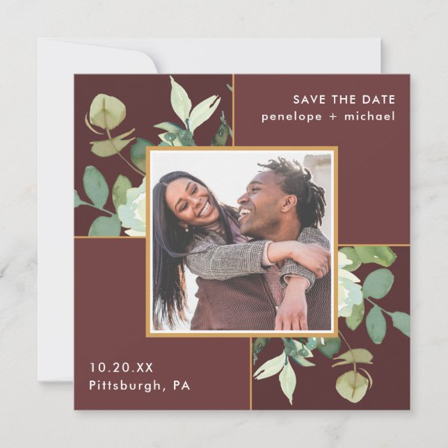Schönes Burgund mit Greenery Foto Wedding Save The Date (Vorderseite)