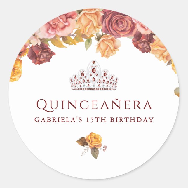 Schönes Burgund und Gelb Rose Quinceanera Runder Aufkleber (Vorderseite)