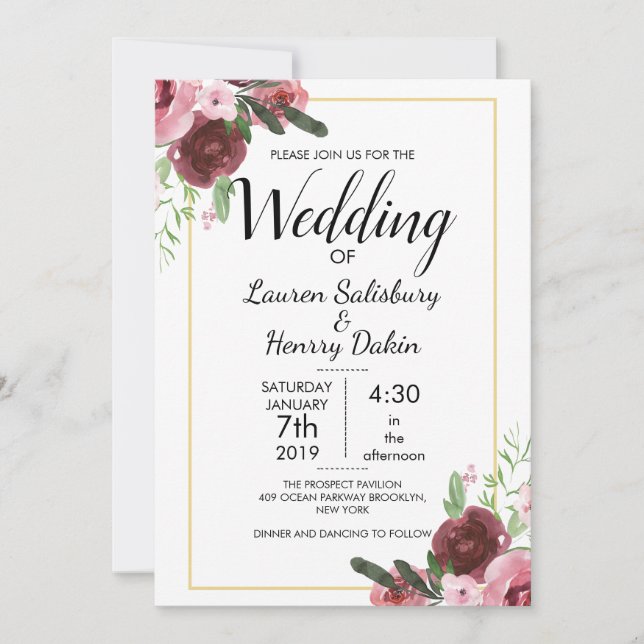 Schönes Burgundy Floral Wedding Personalize Einladung (Vorderseite)