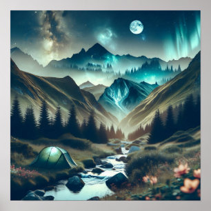 Schönes Camping mit Bergen und Zelt Poster