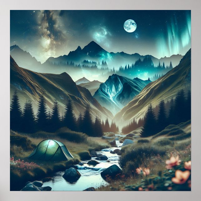 Schönes Camping mit Bergen und Zelt Poster (Vorne)