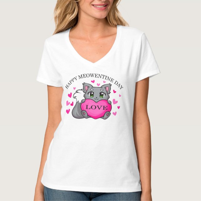 Schönes Cat Happy Meowentine Day Valentine V-Nick T-Shirt (Vorderseite)