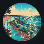 Schönes Comic Pop Art Style Beach Szene Große Wanduhr<br><div class="desc">Schöne blaue Ozeanwellen an einem Sandstrand mit hübscher Reflexion im Wasser. Palmen und glitzerndes Wasser und ein bewölkter Himmel.</div>