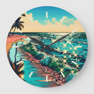 Schönes Comic Pop Art Style Beach Szene Große Wanduhr