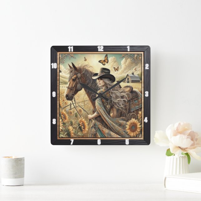 Schönes Cowgirl und Pferd Sunlit Landschaft Quadratische Wanduhr (Zuhause)