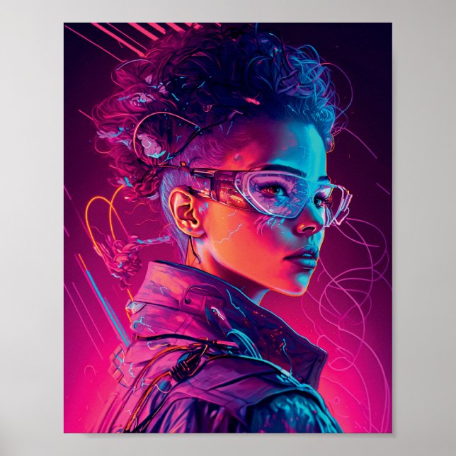 Schönes Cyber-Girl-Synthwave-Cooles Frauenportrait Poster (Vorne)