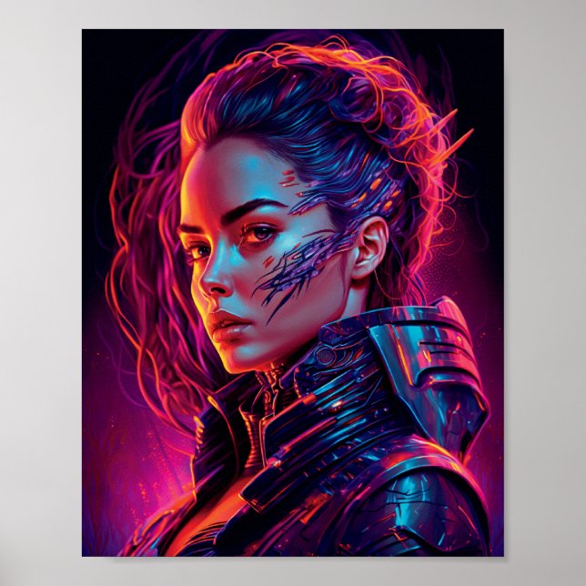 Schönes Cyber-Girl-Synthwave-Cooles Frauenportrait Poster (Vorne)
