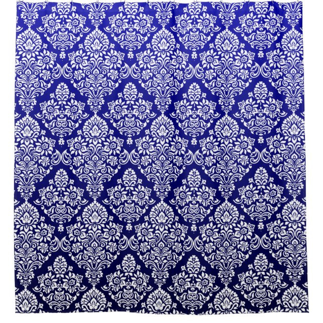 Schönes Deep Royal Blue Floral Damask Muster Duschvorhang (Vorderseite)