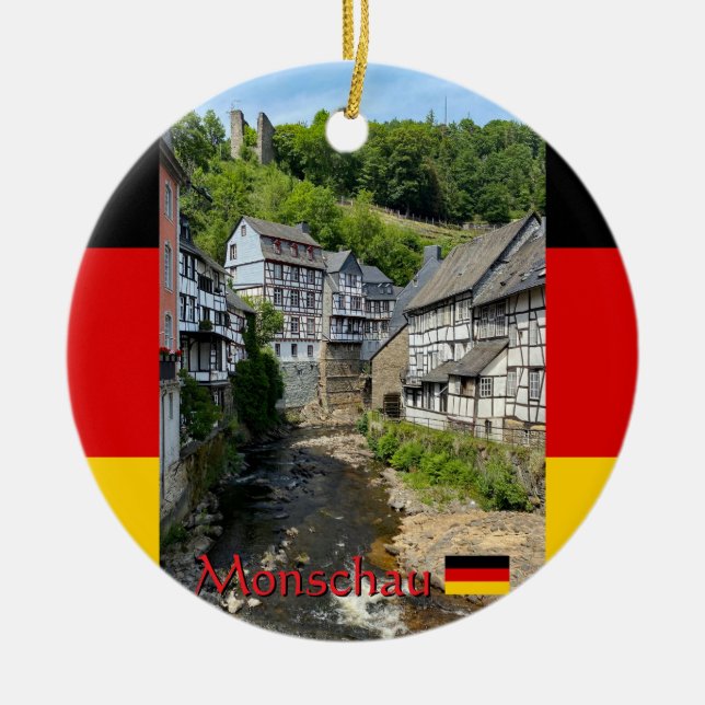 Schönes deutsches Dorf Monschau im Sommer Keramik Ornament (Vorne)