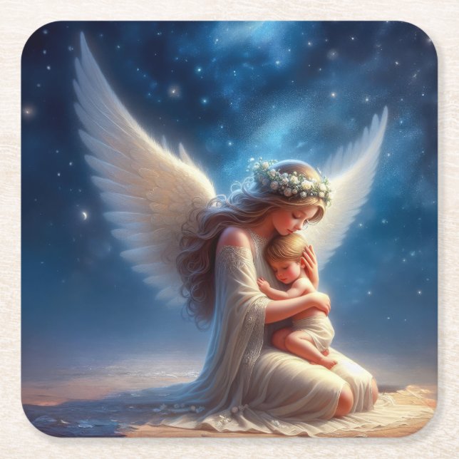 Schönes digitales Bild von Angel Holding a Baby Rechteckiger Pappuntersetzer (Vorderseite)