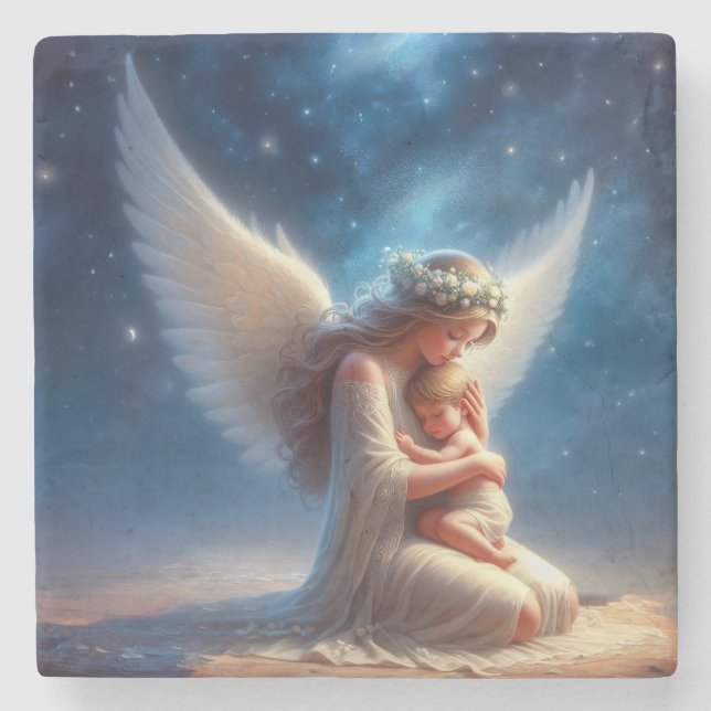 Schönes digitales Bild von Angel Holding a Baby Steinuntersetzer (Vorderseite)