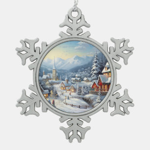 Schönes Dorf an einem Weihnachtsfeiertag Schneeflocken Zinn-Ornament
