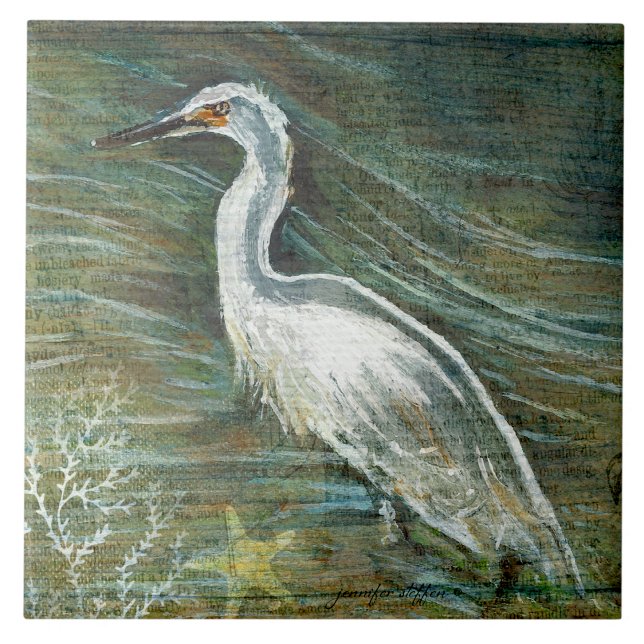 Schönes Egret Shorebird Wading Fliese (Gorgeous Egret Shorebird Wading Water ceramic tile from Jenn's Emporium.)