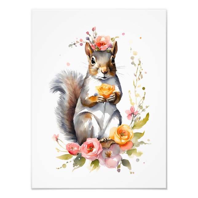 Schönes Eichhörnchen mit Frühlingsblumen Fotodruck (Vorne)
