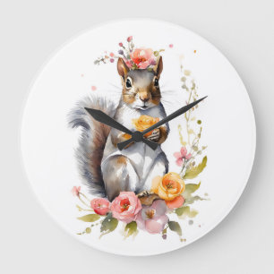 Schönes Eichhörnchen mit Frühlingsblumen Große Wanduhr