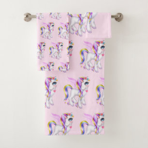 Schönes Einhorn mit Rainbow Mane Muster Badhandtuch Set