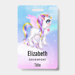 Schönes Einhorn mit Regenbogenmane und Schwanz Ausweis