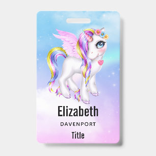 Schönes Einhorn mit Regenbogenmane und Schwanz Ausweis