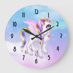 Schönes Einhorn mit Regenbogenmane und Schwanz Große Wanduhr