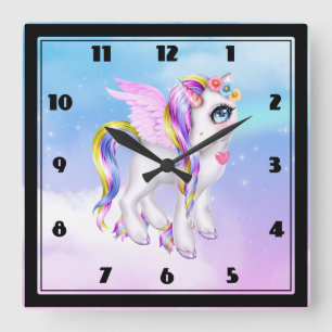 Schönes Einhorn mit Regenbogenmane und Schwanz Quadratische Wanduhr