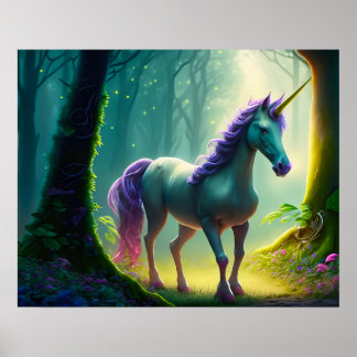 Schönes Einhorn stehend im Wald. Poster