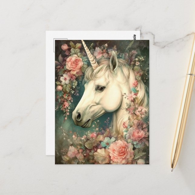 Schönes Einhorn und Blume Postkarte (Vorderseite/Rückseite Beispiel)