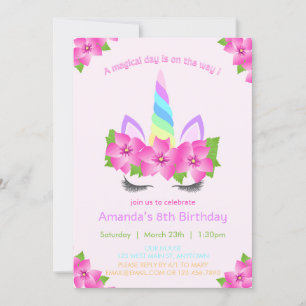 Schönes Einhorngesicht mit Blumengeschmack Geburts Einladung