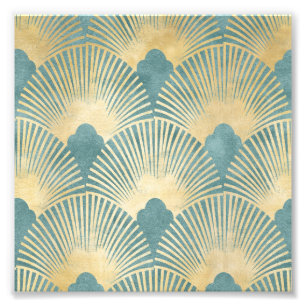 Schönes Fächer-Muster, Türkis Gold, Art Deco Muste Fotodruck