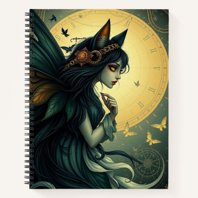 Schönes Fantasy Cat Fairy Art Notebook Notizbuch (Vorderseite)
