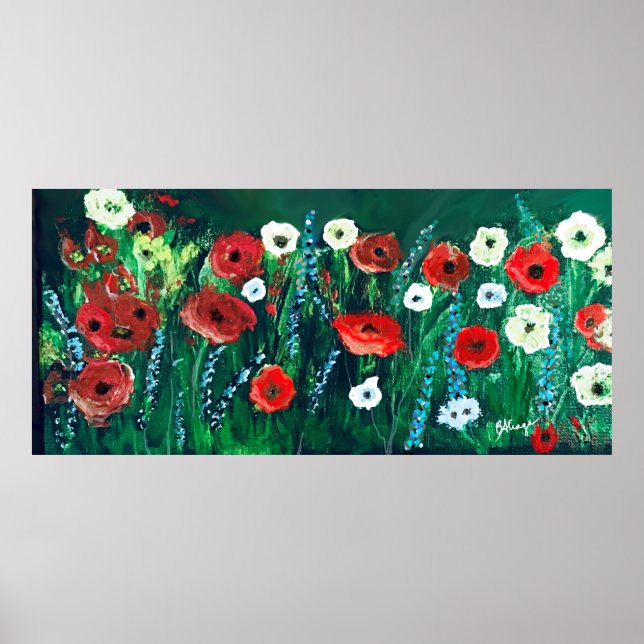 Schönes Feld der Poppies Orange-Red, White&Blue Poster (Vorne)