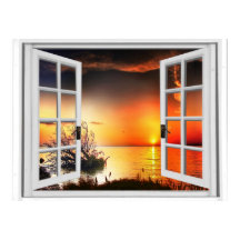 Schönes Fenster mit Sonnenuntergang-Fake