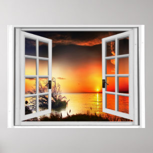 Schönes Fenster mit Sonnenuntergang-Fake Poster