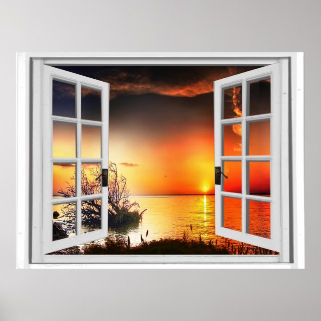 Schönes Fenster mit Sonnenuntergang-Fake Poster (Vorne)