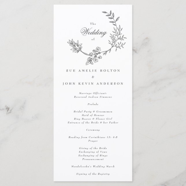 Schönes florales Monogramm-Skizze-Hochzeitsprogram Programm (Vorderseite)