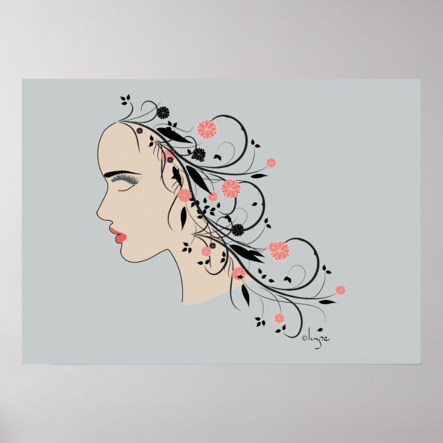 Schönes Frauenprofil mit Blume und Wirbel Poster (Vorne)