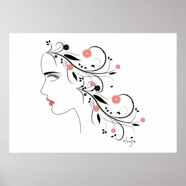 Schönes Frauenprofil mit Blume und Wirbel Poster (Vorne)