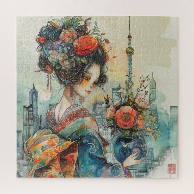Schönes Geisha mit Blume Puzzle (Vertikal)