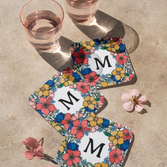 Schönes gelbes blaues Korallenblumenmonogramm Rechteckiger Pappuntersetzer (Von Creator hochgeladen)