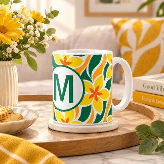 Schönes gelbes Blumenwellen-Muster-Monogramm Kaffeetasse