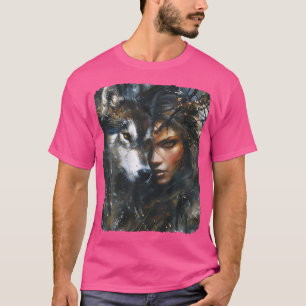 Schönes Gemälde einer Frau mit ihrem Wolf T-Shirt
