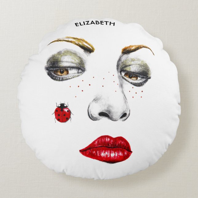 Schönes Girl-Gesicht Zeichnend mit Ladybug Rundes Kissen (Vorderseite)