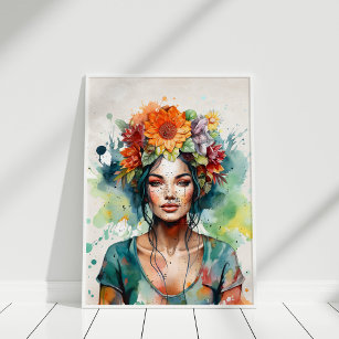 Schönes Girl-Portrait mit Blume im Kopf Poster