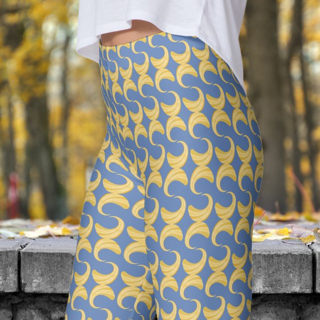 Schönes, glänzendes Blau- und Goldkurven-Muster Leggings (Golden Curves over Glaucous Blue Leggings)