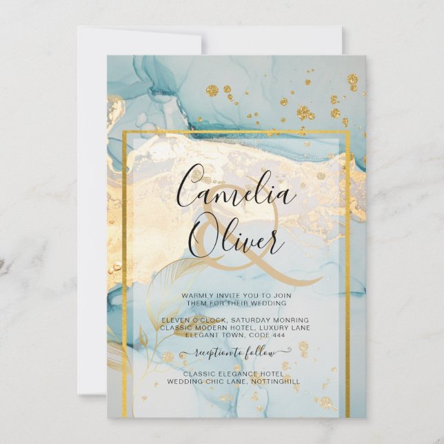 Schönes Glas Gold Hochzeit einladen Türkis Einladung (Vorderseite)