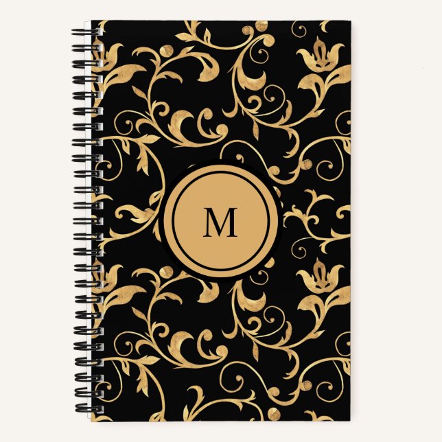 Schönes Gold Black Royal Damask SpiralNotebook Notizbuch (Vorderseite)
