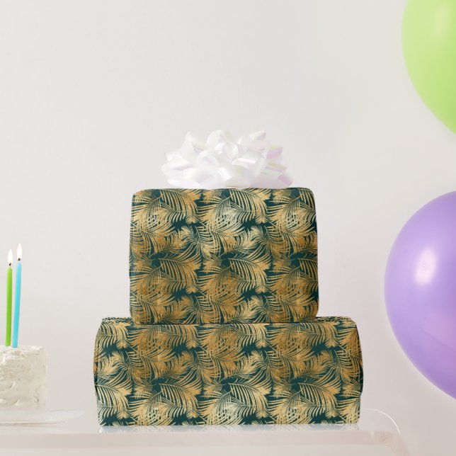 Schönes Gold und Aquamarine tropische Blätter Geschenkpapier (Partygeschenke)