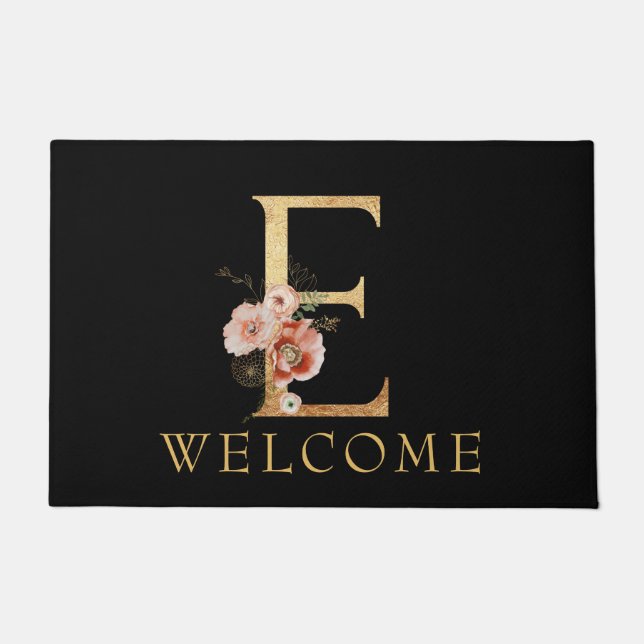 Schönes Goldmonogramm E mit POPPY-Blume Fußmatte (Vorderseite)