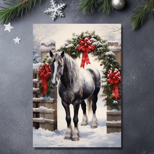 Schönes Graues Pferd mit Wintergarten Weihnachten (Front - Beautiful Grey Horse with Winter Garland Christmas Holiday Card)
