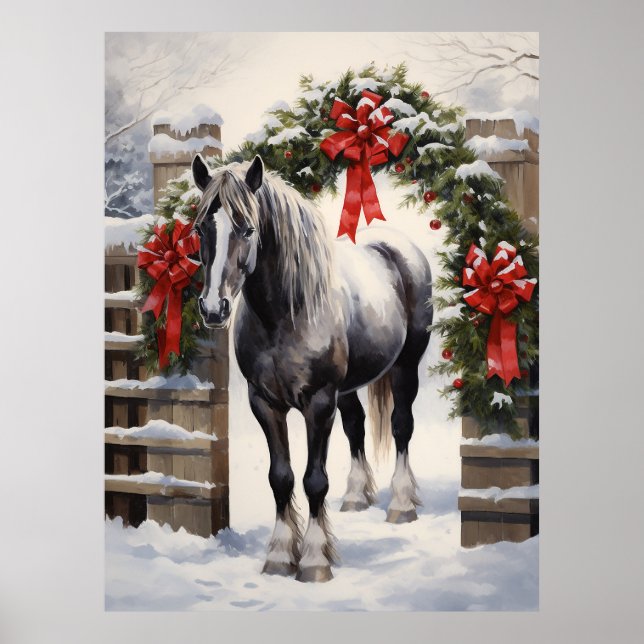 Schönes Graues Pferd mit Wintergarten Weihnachten Poster (Vorne)